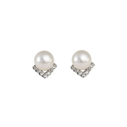White Gold Faux Pearl Stud Earrings With Crystal Geometric Design For Women Wedding Classic Style Silver Metal