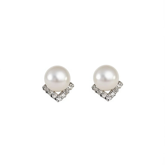 White Gold Faux Pearl Stud Earrings With Crystal Geometric Design For Women Wedding Classic Style Silver Metal by PDG ibma