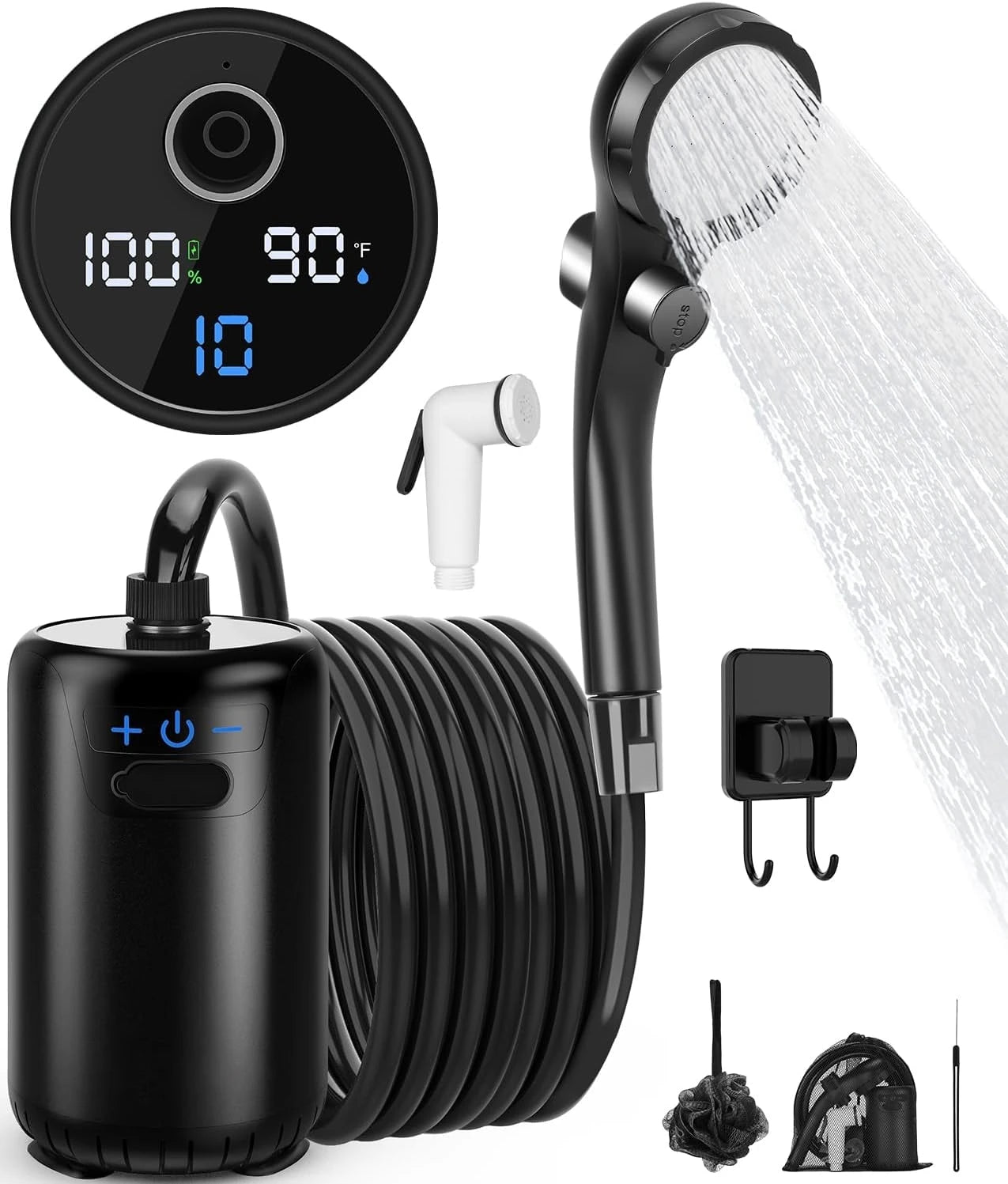 Portable Shower for Camping, 8000mAh Rechargeable Camping Shower with Intelligent LED Display, 4 Spray Modes