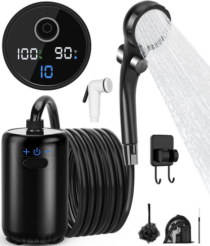 Portable Shower for Camping, 8000mAh Rechargeable Camping Shower with Intelligent LED Display, 4 Spray Modes