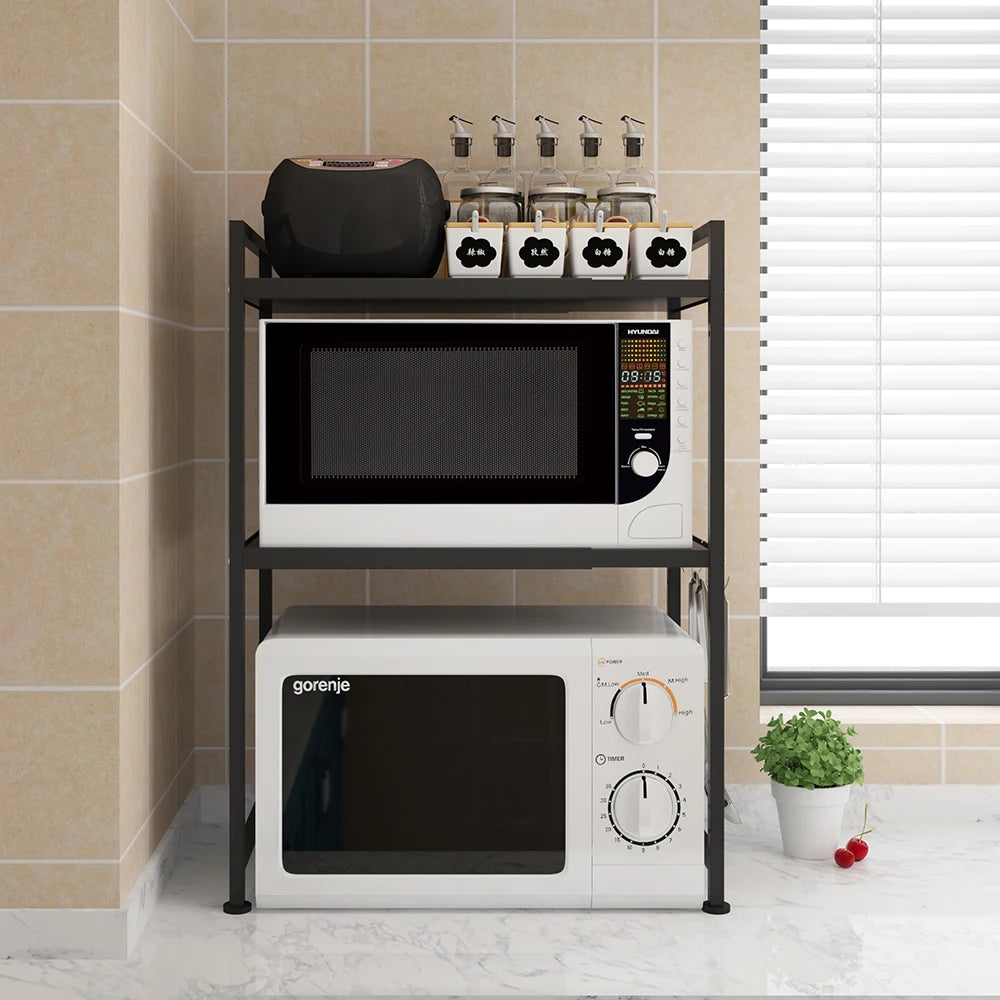 Microwave Stand Oven Rack Expandable Countertop Kitchen Utensils Tableware Storage Carbon Steel Over Shelf Countertop 3 Tier