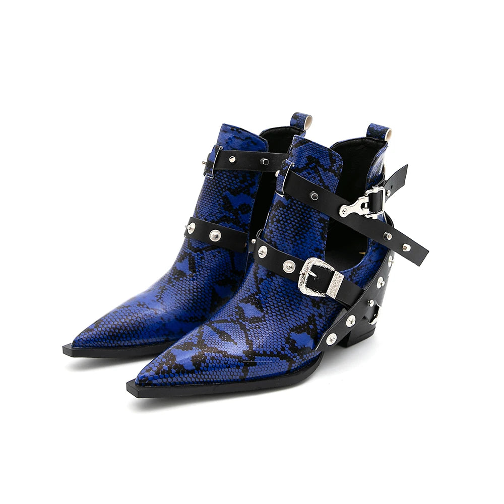 Motorcycle Western Cowboy Boots Women Snake PU Leather Short Cossacks High Heels Pointed Cowgirl Booties Buckle Womens Shoes