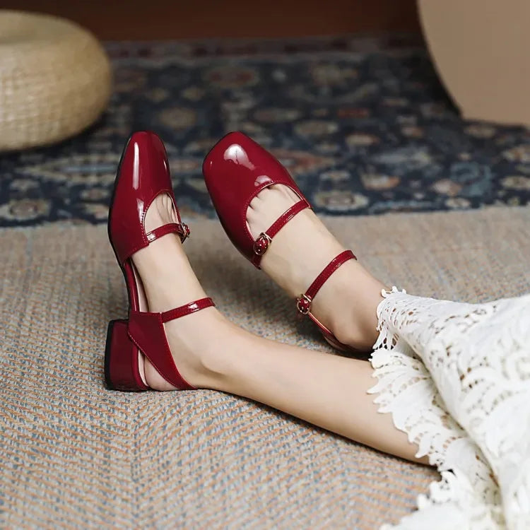 LIHUAMAO Patent leather women sandals ankle strap square toe sandals high heel shoes green