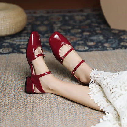 LIHUAMAO Patent leather women sandals ankle strap square toe sandals high heel shoes green