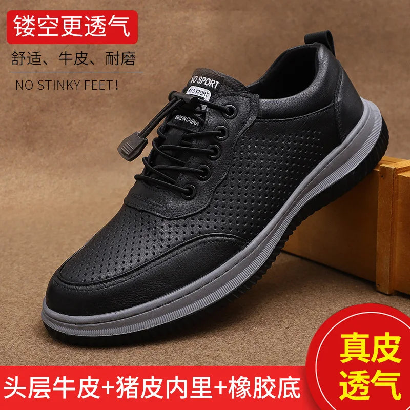 Men's Summer Breathable Leather Lace-up Round Toe Boat Shoes Solid Color EVA Midsole Rubber Outsole Casual Style