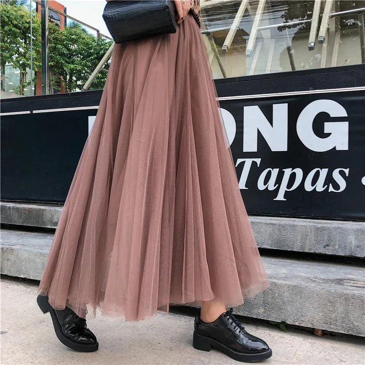 TingYiLi Elegant Tulle Skirt Autumn Winter Big Swing Women Skirt Korean Cute Pink Green Gray Blue Brown Black Long Skirt Tutu
