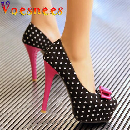 Voesnees New Sweet Bow Stiletto Pumps Polka Dot Pattern Comfortable Waterproof Platform Women Shoes 12CM High-Heel Single Shoes