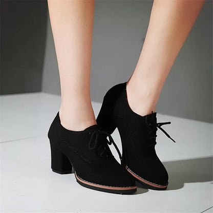 Vintage Women Lace Up Pumps Square Heel Round Toe High Heels British Style Oxfords Autumn Low Top Student Shoes Blue Booties 33