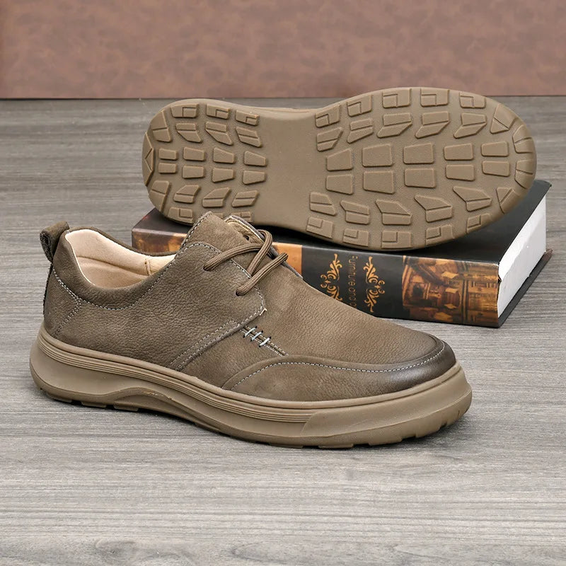 Genuine Leather Men's Retro Casual Shoes Round Toe EVA Midsole Rubber Outsole Soft Spring Style Boat Shoes