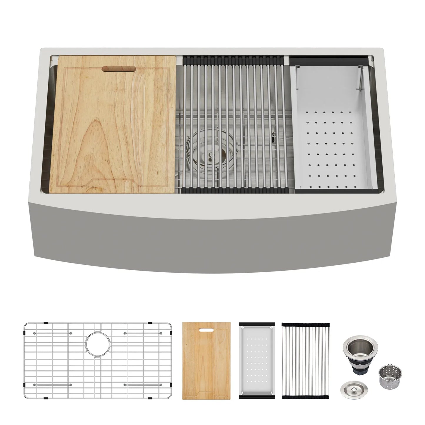 US Warehouse 16 Gauge Stainless Steel Single Bowl with Cutting Board 33*21 Inches Apron Front Workstation Kitchen Sink