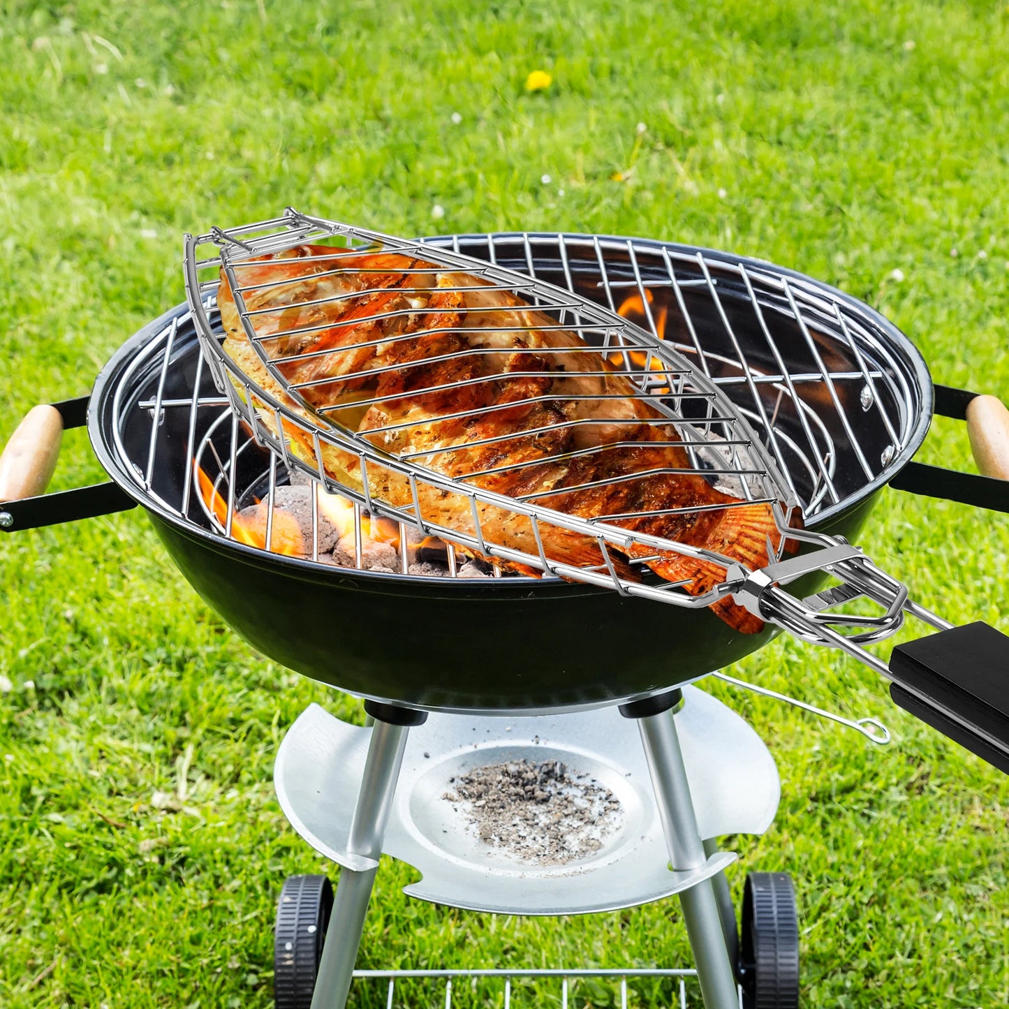 Heavy Duty 430 Stainless Steel Fish Grill Basket With Detachable Handle Fish BBQ Grill Cage For Salmon Veggies And Seafood