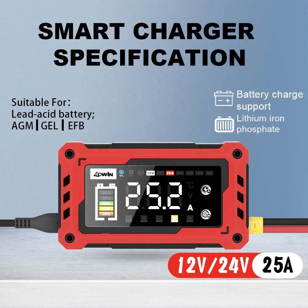 Automatic Universal Motorcycle Car Battery Charger 12V 24V 25A Adjustable Current  9-stage Battery Charger with Car Booster