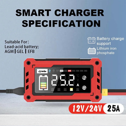 Automatic Universal Motorcycle Car Battery Charger 12V 24V 25A Adjustable Current  9-stage Battery Charger with Car Booster