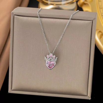 A Lovely Crown Pink Necklace Temperament Clavicle Chain Suitable for Daily Wear Titanium Steel