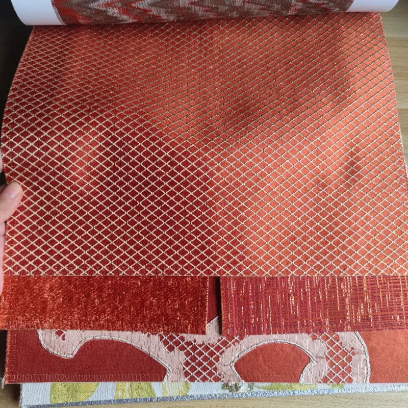 Luxury Home Textile Curtains Red-Orange Indoor Upholstery Fabric and Drapery Fabric With Sliver Gold Thread Pattern