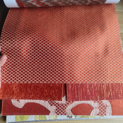Luxury Home Textile Curtains Red-Orange Indoor Upholstery Fabric and Drapery Fabric With Sliver Gold Thread Pattern