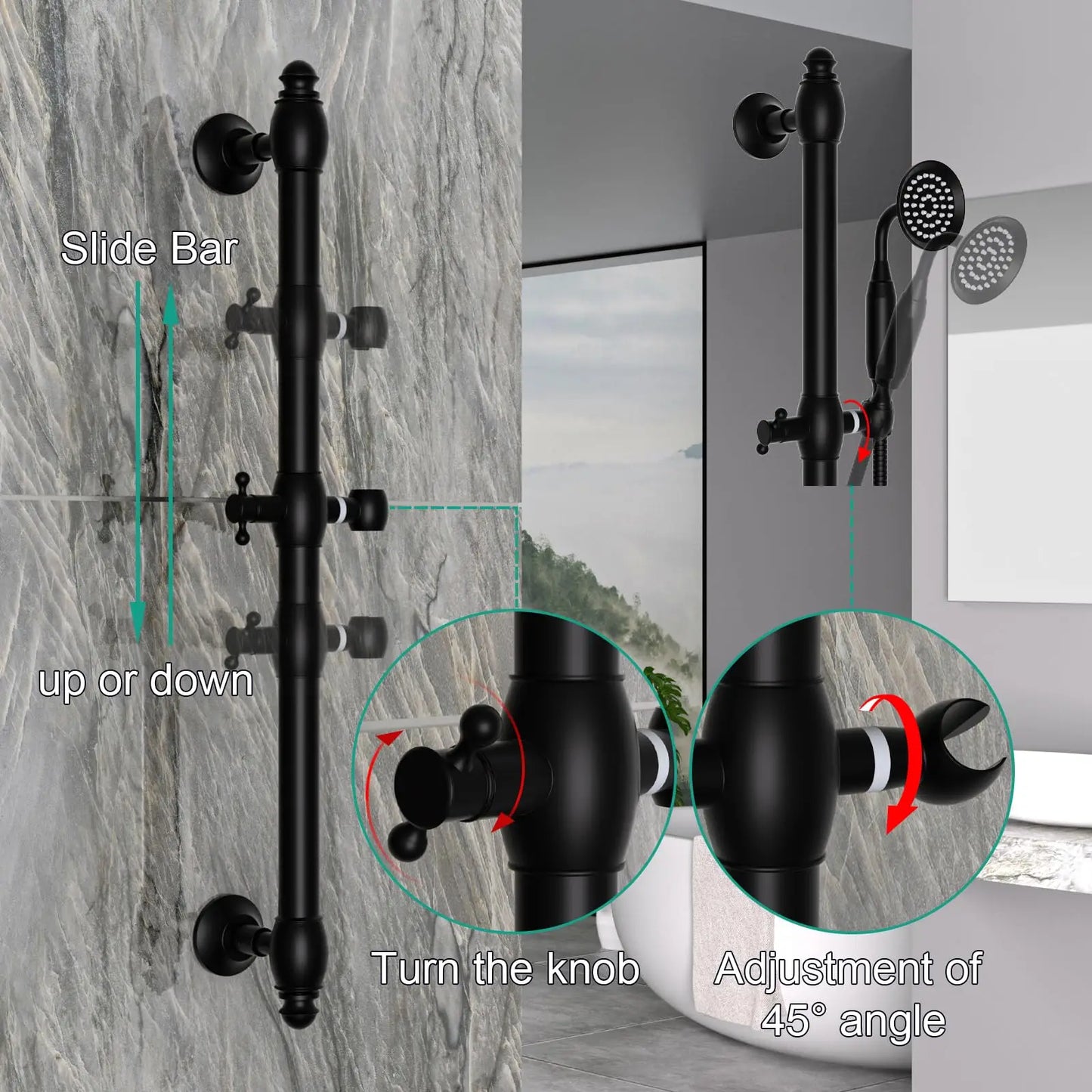 Brass Contemporary Shower Slide Bar Handheld Shower Head Adjustable Height Wall-Mounted 59-Inch Hose Rainfall Waterfall Spray
