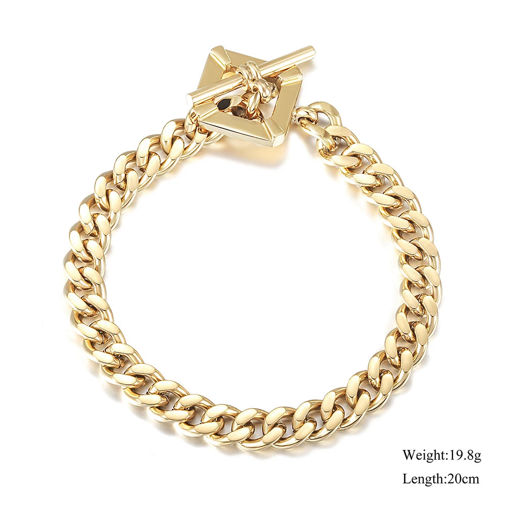 OT Buckle Square Toggle Clasp Cuban Link Chain Gold Plated Stainless Steel Bracelet for Women