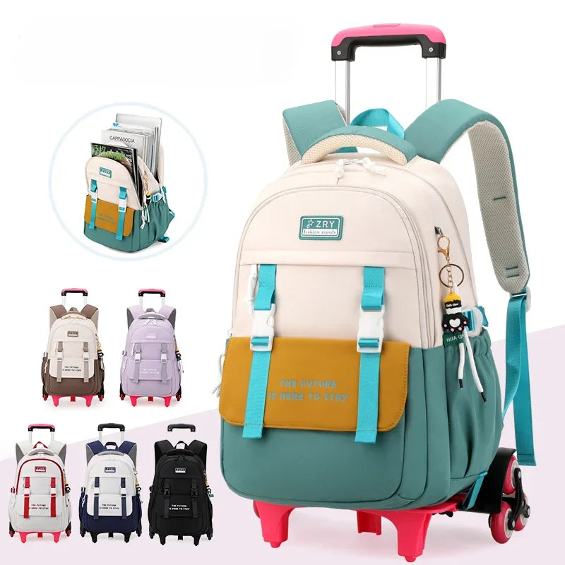 Unisex Lightweight Six-Wheel Pull Rod School Backpack Large Capacity Fashionable Waterproof Backpack Character Simple Style Kids
