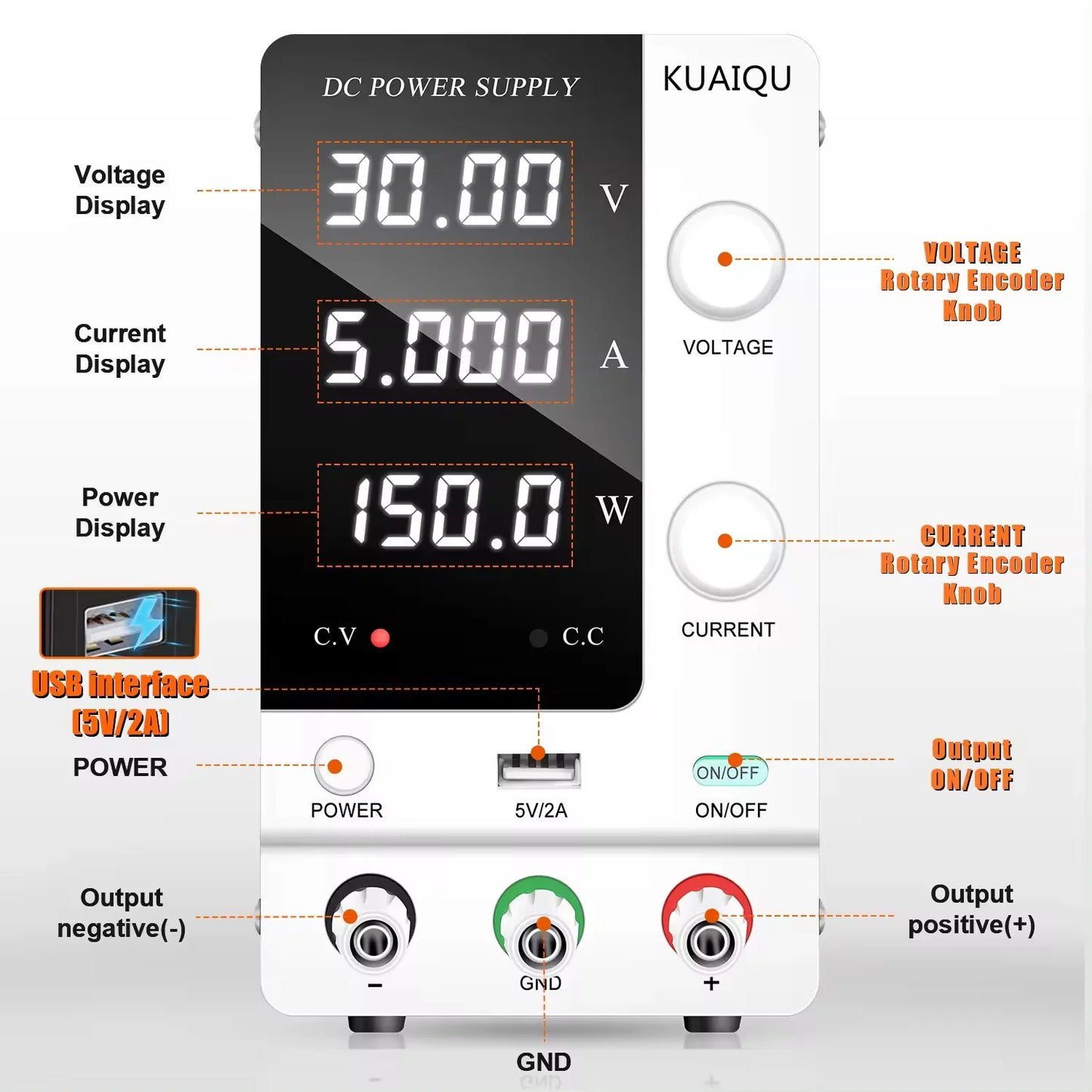 KUAIQU SPPS-C305 30V 5A 150W Encoder Adjustable Digital Display Regulated Power Supply Battery Charging Mobile Phone Repairing