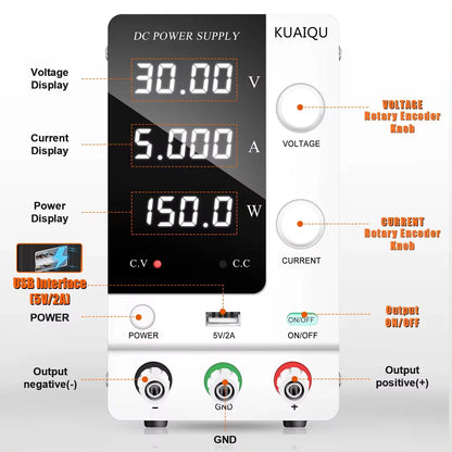 KUAIQU SPPS-C305 30V 5A 150W Encoder Adjustable Digital Display Regulated Power Supply Battery Charging Mobile Phone Repairing
