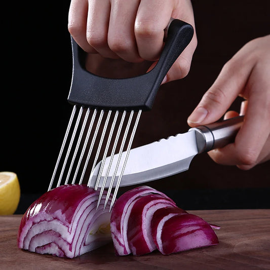 Stainless Steel Onion Cutter Holder Food Slicers Assistant Tomato Onion Slicer Holder Vegetables Cutting Fork Kitchen Gadgets by PDG ibma