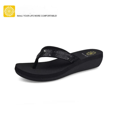 Best Selling Womens Slides Quality Rhinestone Slope Heel Flip-flops Non-slip Elastic Insoles Korean Fashion Summer Sandals