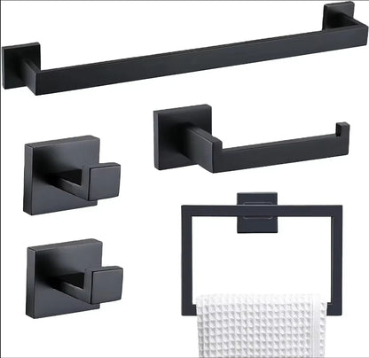 Deao Wall Mounted Towel Rack 5-piece Matte Black Bathroom Hardware Accessory Set Stainless Steel Towel Rod Set