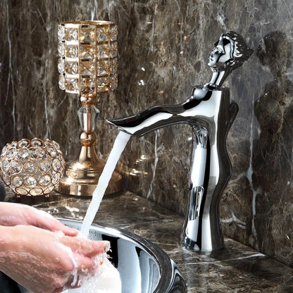 Vintage Statue Vessel Sink Faucet - Antique Brass Finish Single Handle Tall 1 Hole Deck Mount - Chrome