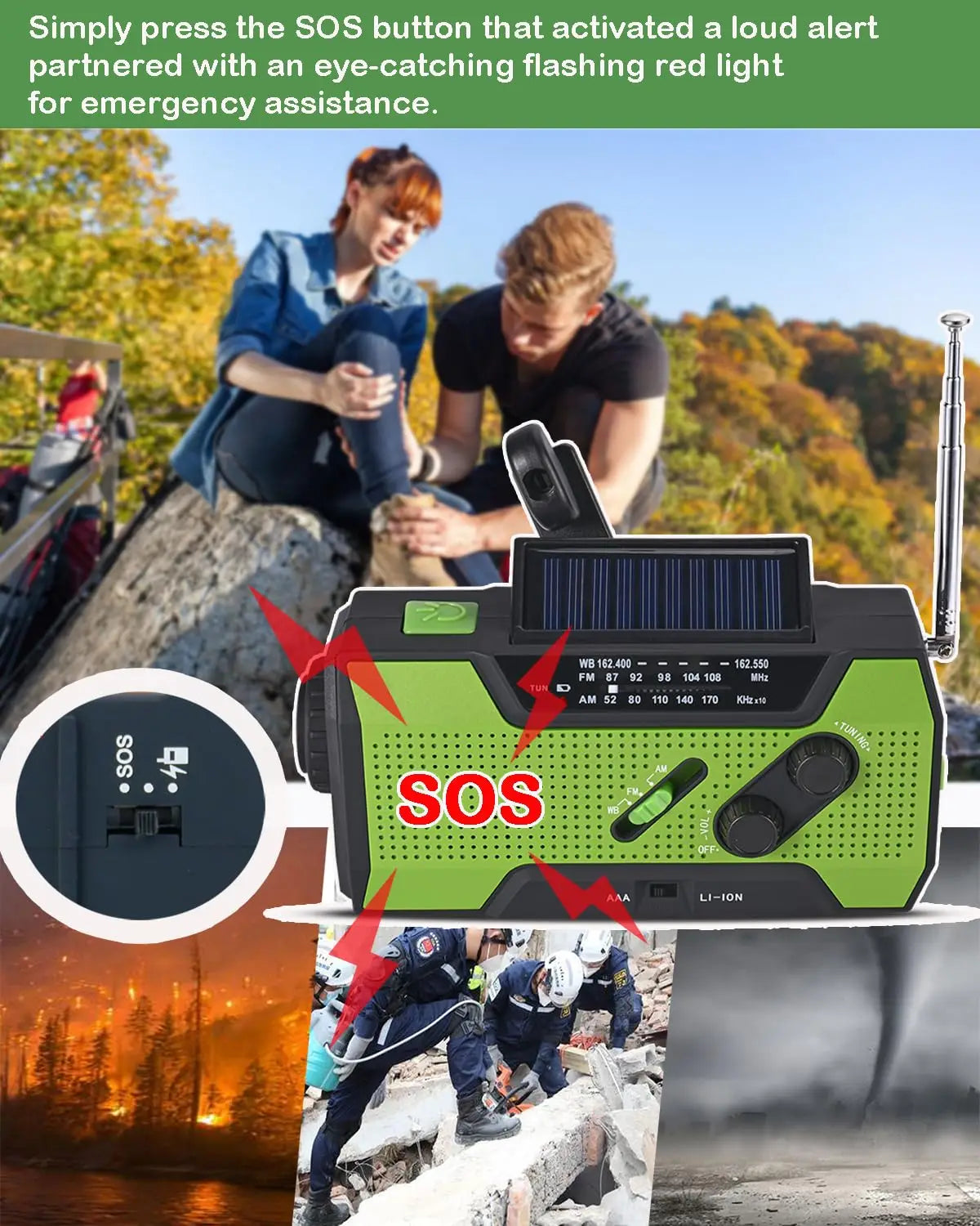 CE Certified 2000mAh Solar NOAA Radio LED Multi-Power Source for Wildfire Safety Flashlight Clock Internet Radio FM Radio