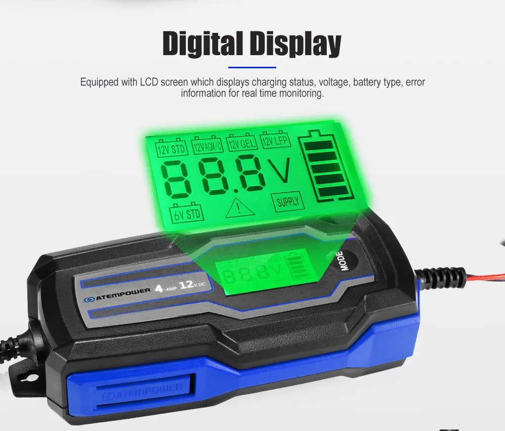 ATEM POWER 4A 6V/12V Smart AC to DC Battery Charger With LED Digital Display and EU Plug