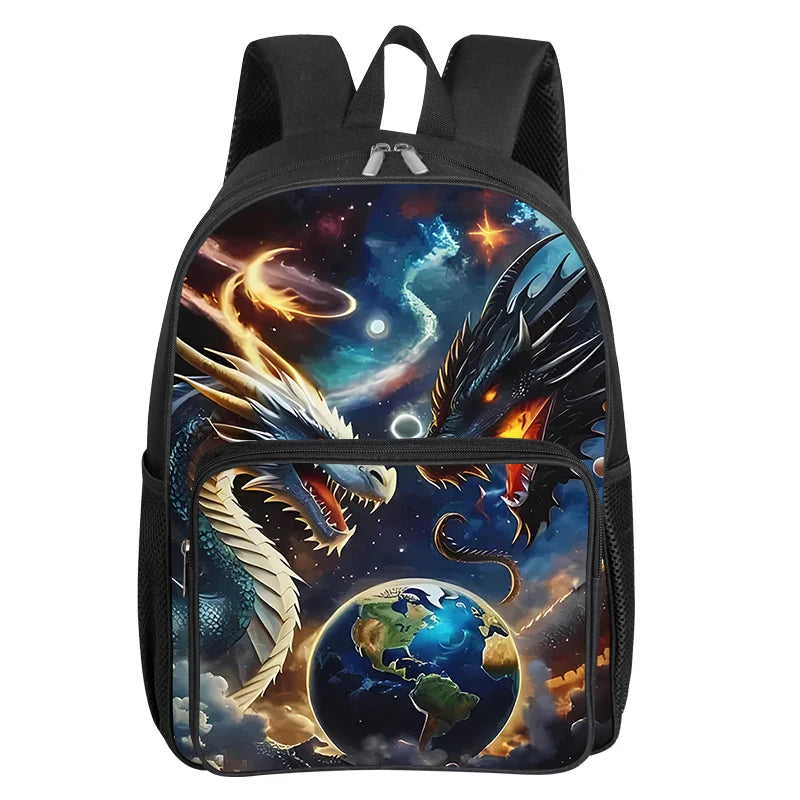 Unisex Double Dragon Play Bead Student Backpack Set Three-Piece Zipper Closure Fashionable Cartoon Pattern Polyester Waterproof