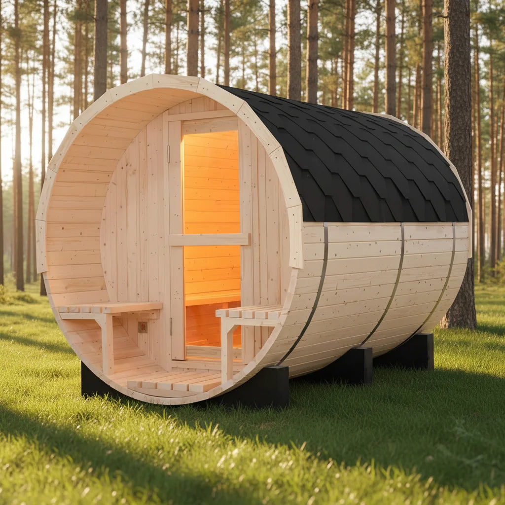 Luxury 8ft Canadian White Pine Barrel Sauna | Steel & Glass Frame | Backyard Spa Retreat - 10% OFF, in Stock Now