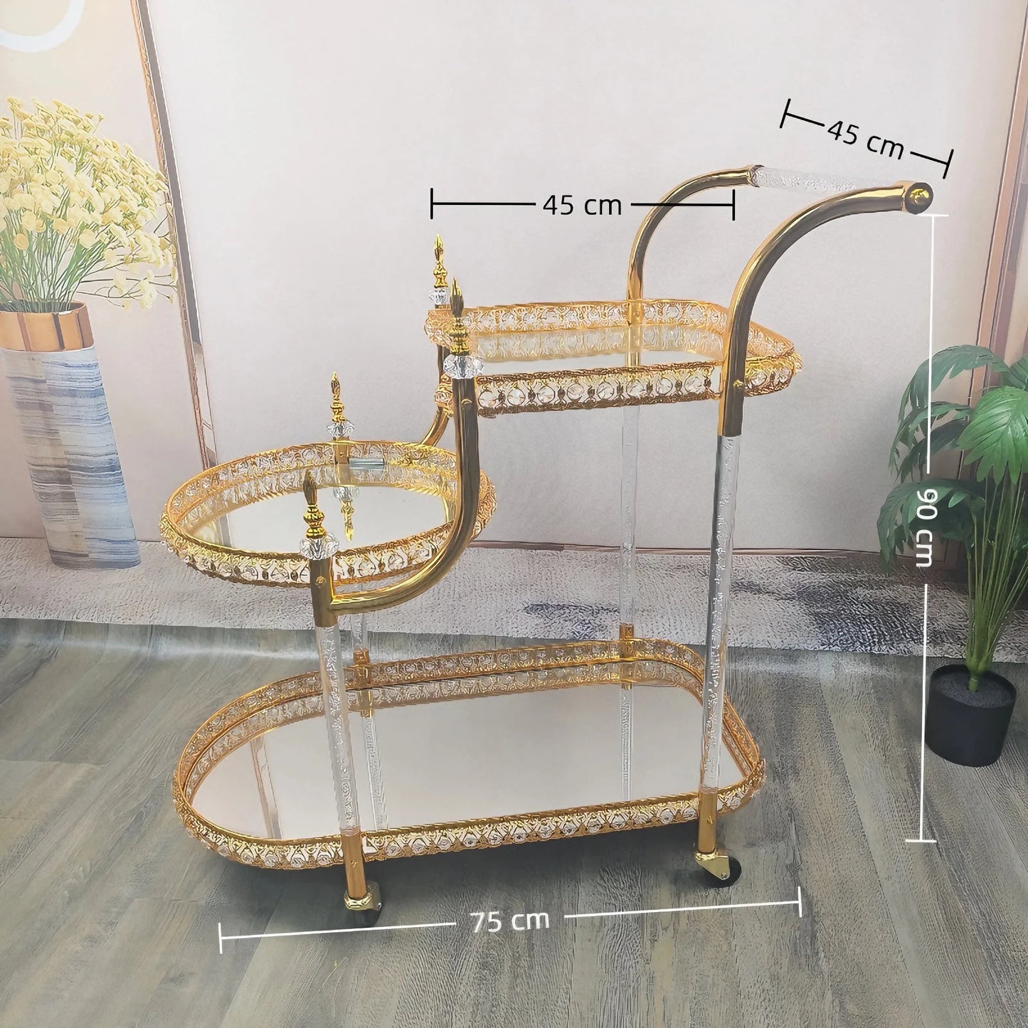 Hotel Dining Cart Metal Handcart Party 3-layer Golden Wedding Dining Liquor Trolley