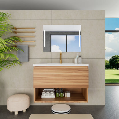 30 Inch Bathroom Vanity Cabinet With Ceramic Sink - Walnut Wall Mounted Floating Fluted Vanity With Drawers, Modern