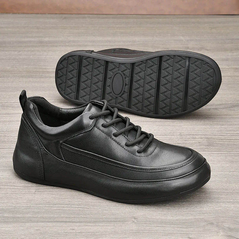 Genuine Leather Men's Casual Shoes Round Toe Lace Up Anti Slip Platform Rubber Sole All Seasons Chunky Shoes