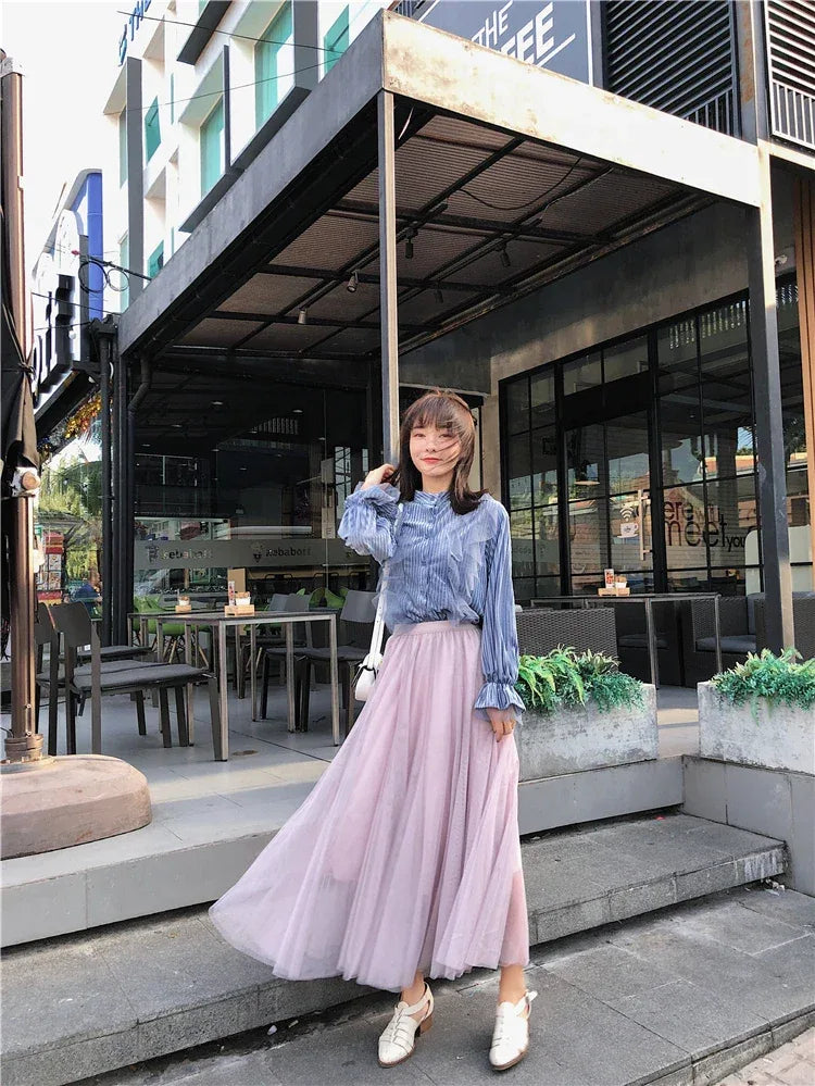 TingYiLi Elegant Tulle Skirt Autumn Winter Big Swing Women Skirt Korean Cute Pink Green Gray Blue Brown Black Long Skirt Tutu