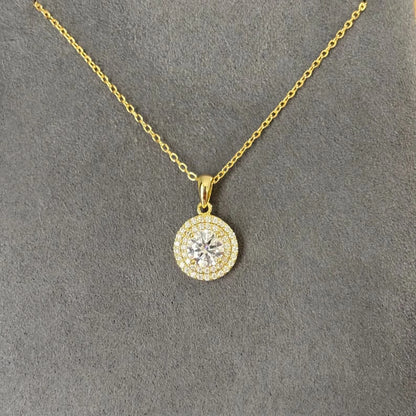 Dainty Christian Moissanite Double Halo Necklace Gold Plated Diamond Alternative Charms Pendant Party Stacking Jewelry