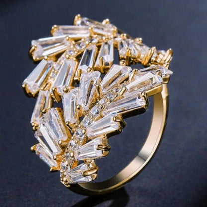 Q314 Geometric Cocktail Ring Gold Plated Crystal Rhinestone Channel Setting Women's Party Jewelry