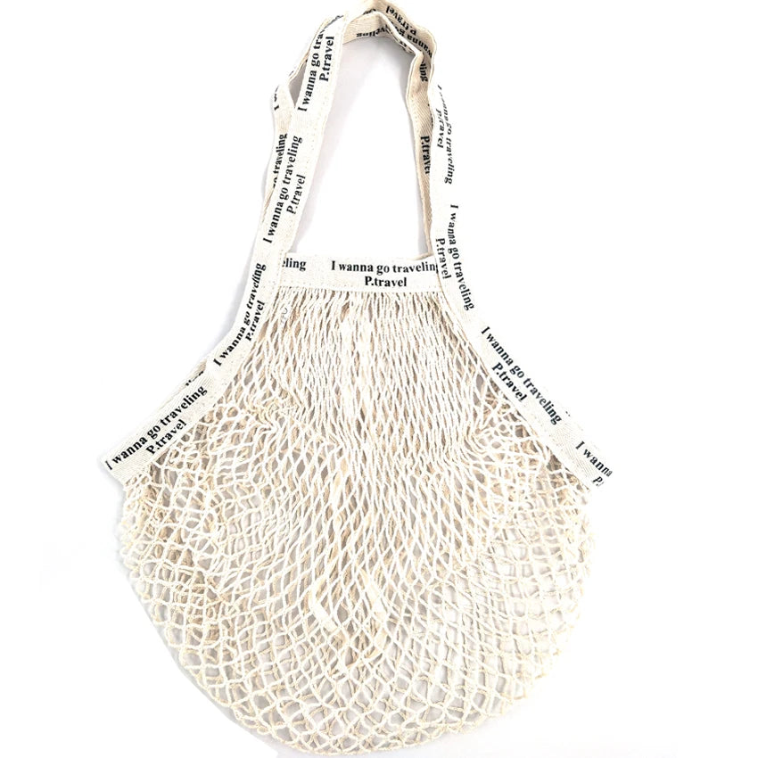 Recycled Reusable Cotton String Mesh Net Shopping Bag Long Handle Fruit Vegetable Grocery Produce Tote for Daily Life Letter