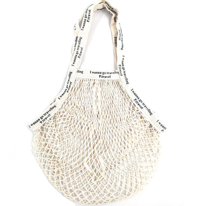 Recycled Reusable Cotton String Mesh Net Shopping Bag Long Handle Fruit Vegetable Grocery Produce Tote for Daily Life Letter