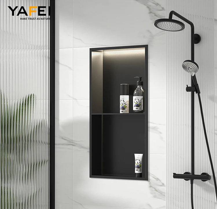 Matte Black Double Selves Stainless Steel Shower Niche No Tile Needed Bathroom Niche Recessed Wall Niche with led