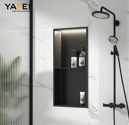 Matte Black Double Selves Stainless Steel Shower Niche No Tile Needed Bathroom Niche Recessed Wall Niche with led