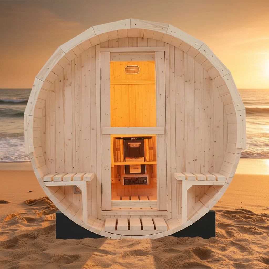 Premium 6-Person Pine Wood Barrel Sauna Kit with Panoramic Tempered Glass Front Door | Outdoor Home Spa, Finnish Sauna