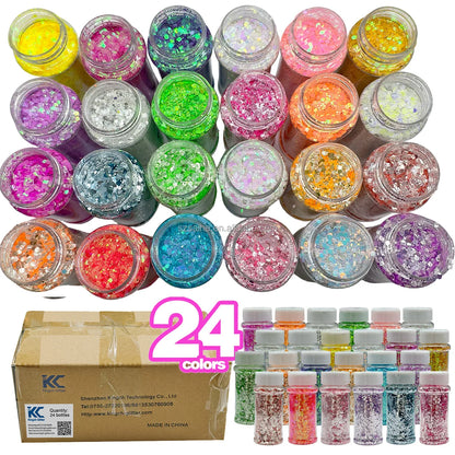 US Warehouses High Flash Spring Chunky Glitter 24 Color Bottle Set for Diy Makeup Manicure Handcrafted Cups Gift-making and More