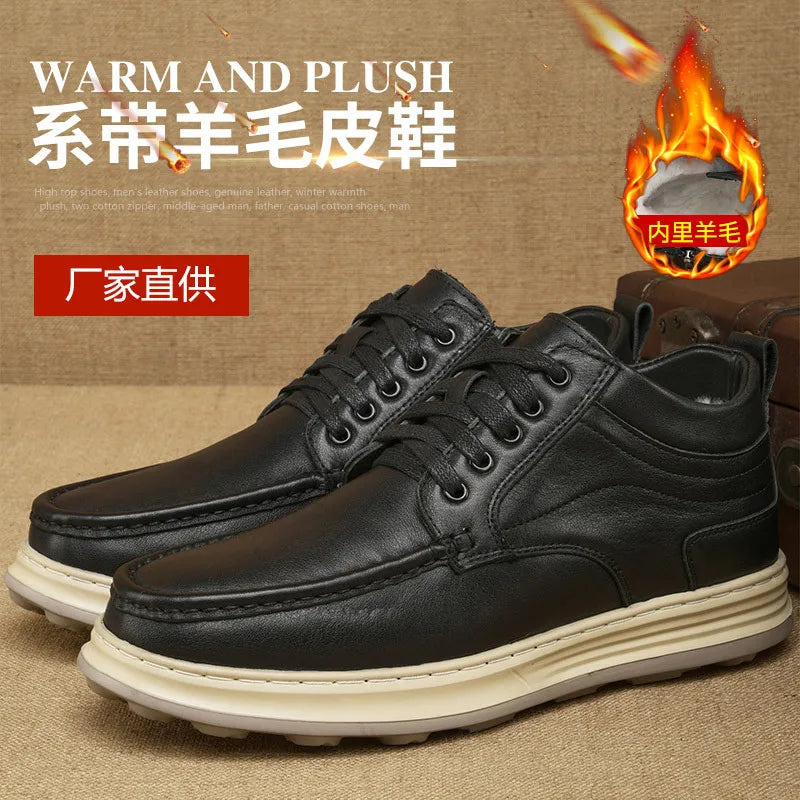 Men Genuine Leather Snow Boots Round Toe Fur Lining Rubber Outsole Winter Warm Lightweight EVA Midsole Ankle Bootie