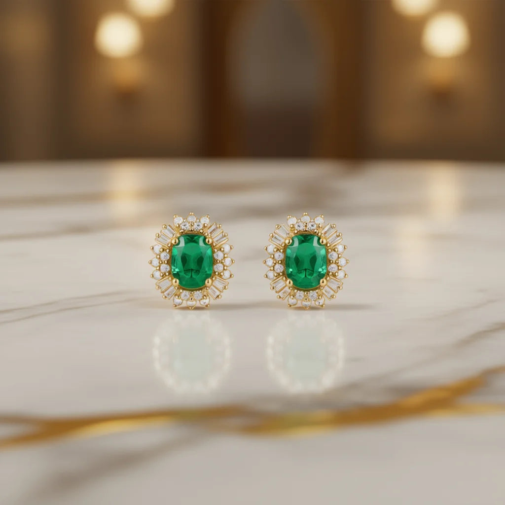 Classic Green Gemstone Stud Earrings Silver Flower Design Wedding Jewelry Women Pear Cut Diamonds Claw Setting
