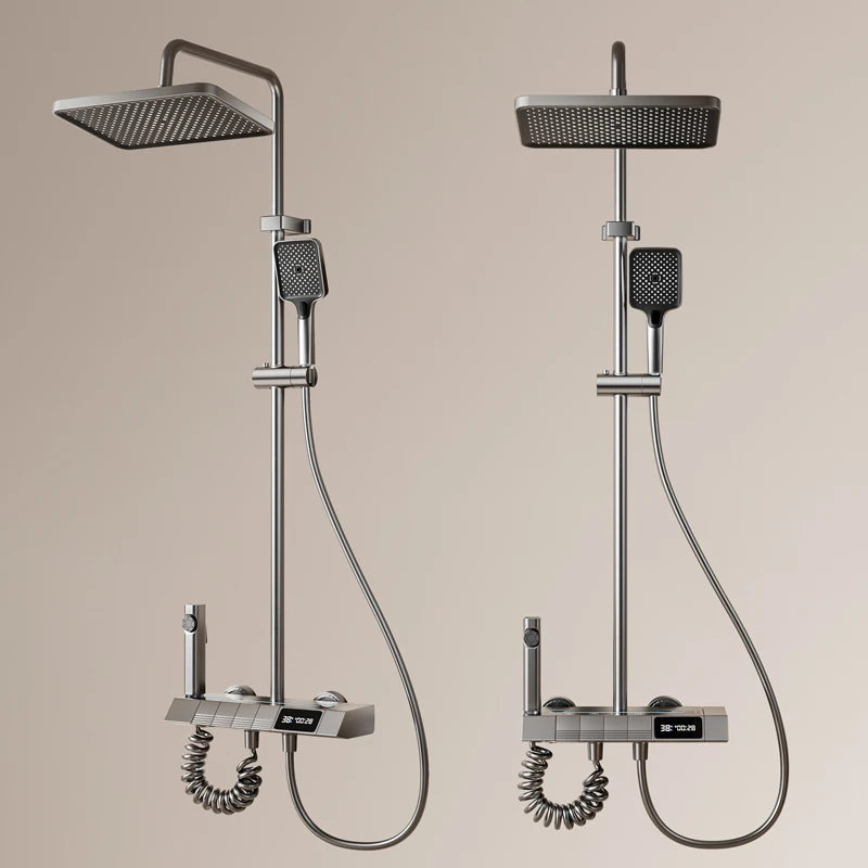 New Aluminum Intelligent Thermostatic Shower Set LED Digital Display Piano Keys Black Rainfall Bath Shower Faucet System Set