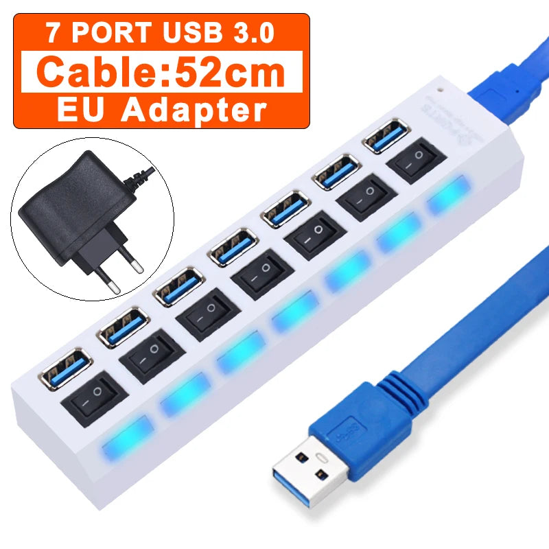 Hub USB 3.0, répartiteur USB 2.0, adaptateur secteur, multi-ports USB 4/7 avec commutateur, accessoires pour PC