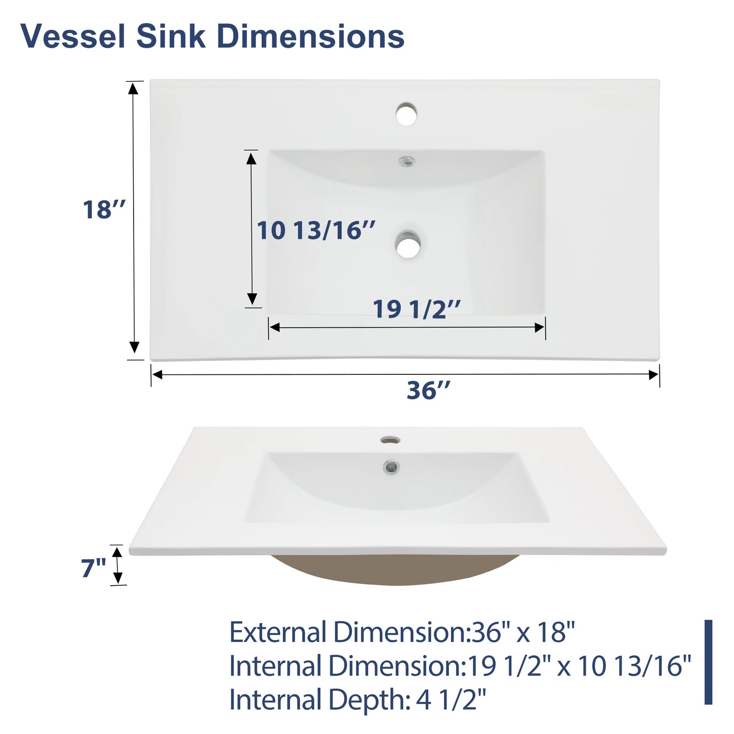 Sarlai US Stock  36-Inch Modern Drop-In  Vanity Easy Clean Bathroom Sinks Ceramic Thin Edge Basin